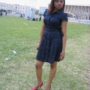 Navy Blue Belted Linen Dress